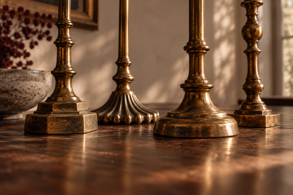 Close-up of brass candlestick bases in stepped, rounded and sculptural shapes on a wooden surface.