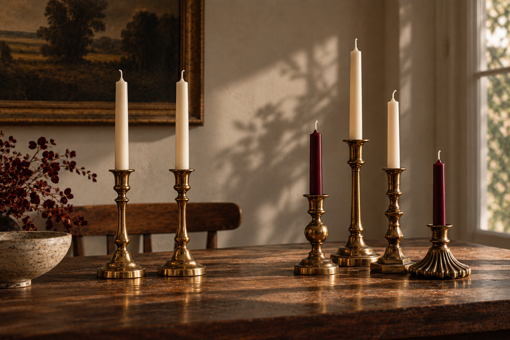 A matching pair of brass candlesticks beside a mismatched group in varied heights and silhouettes.