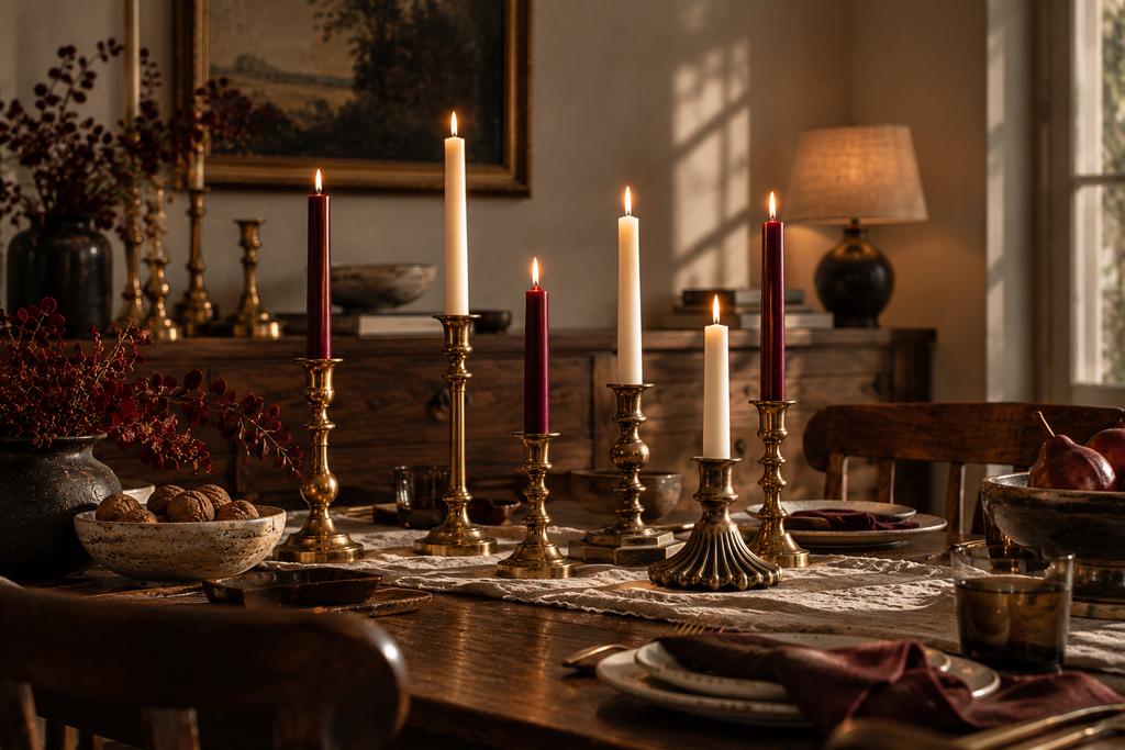 Brass candlesticks with ivory and burgundy candles styled with subtle greenery for a restrained Christmas table.