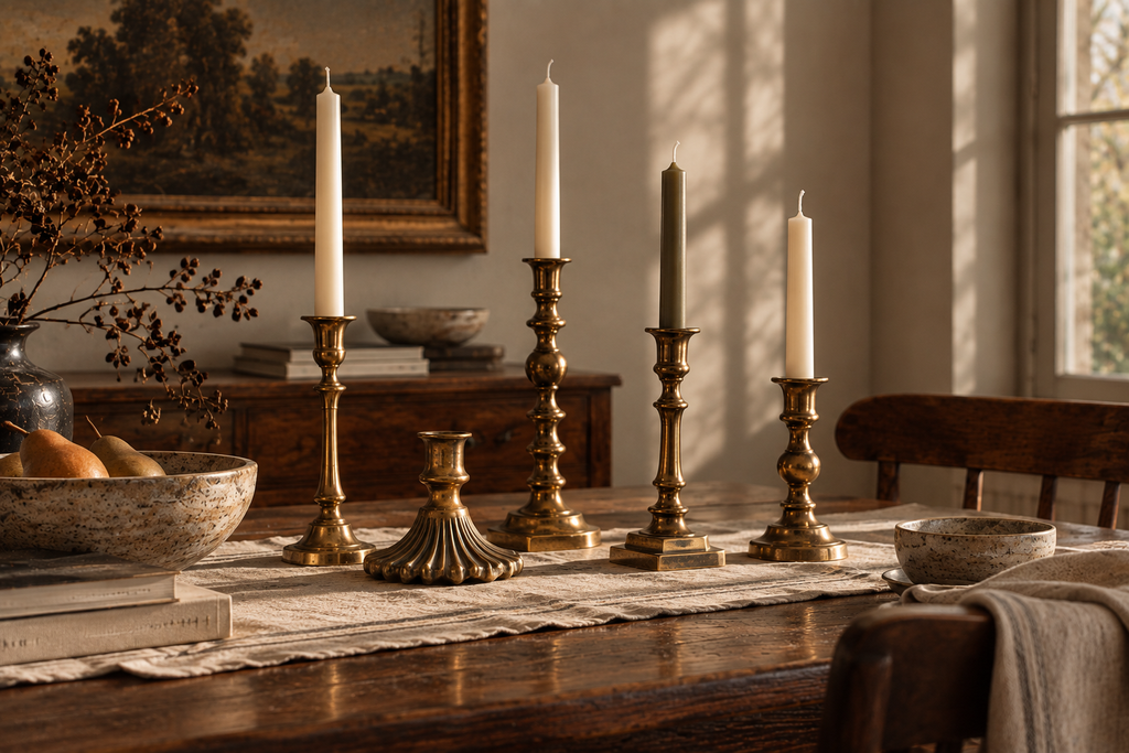 Brass candlesticks with neutral candles styled on a warm dining table without seasonal decorations.
