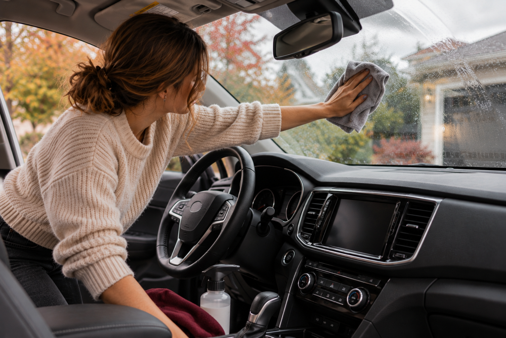 Woman wiping the inside of a car windshield with a microfiber cloth during a fall car reset.