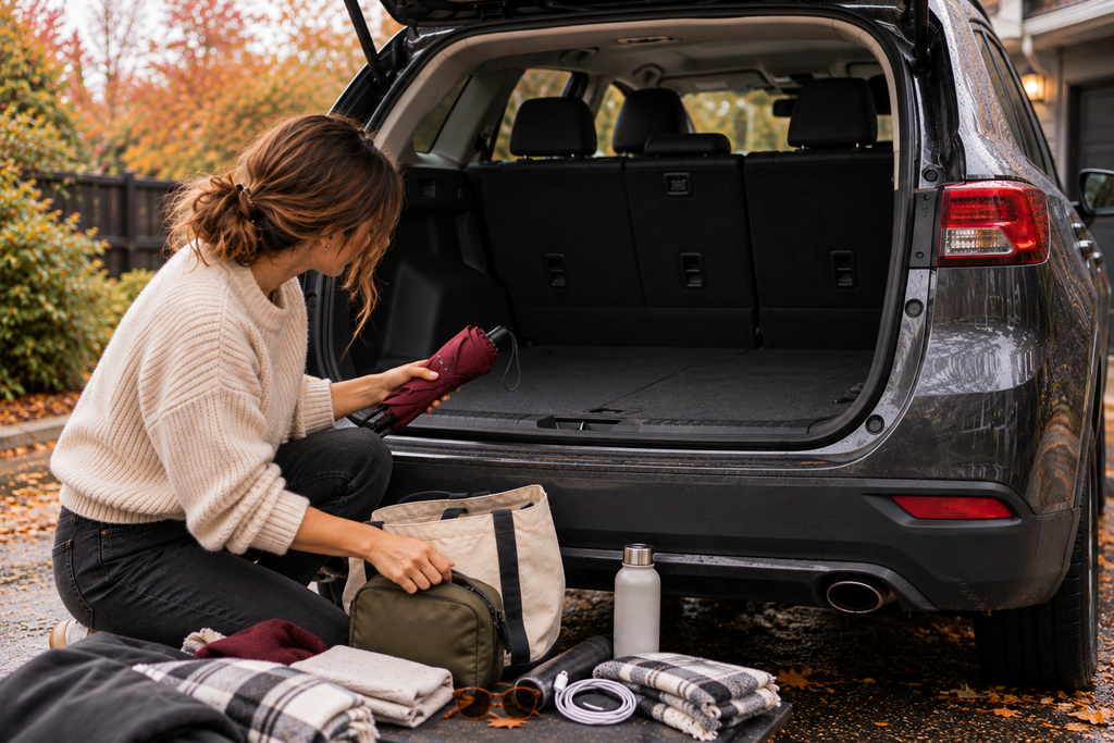 Woman sorting a few essentials beside a mostly empty SUV trunk before putting items back.