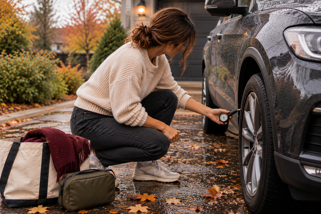 Woman checking tire pressure with a handheld gauge beside a dark SUV on a wet driveway.