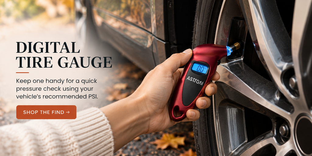 Red AstroAI digital tire pressure gauge being used on a car tire valve.