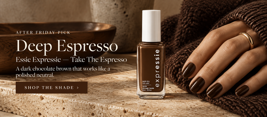 Essie Take The Espresso dark chocolate brown nail polish for a fall manicure.