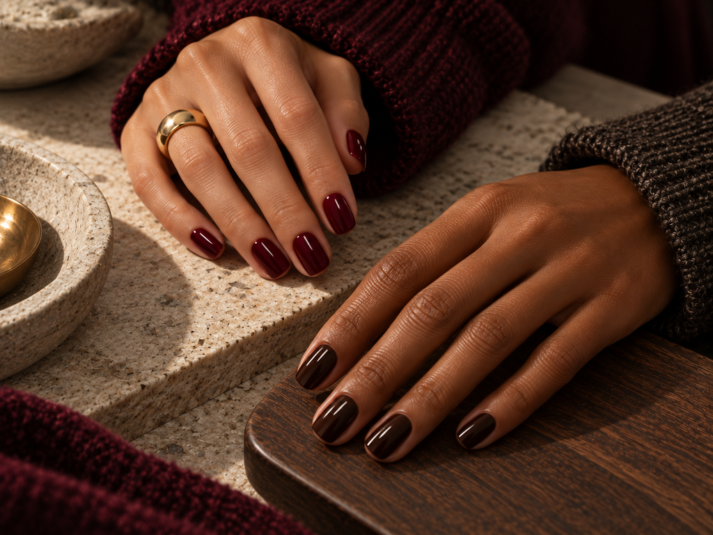 Glossy oxblood red and deep espresso brown manicures styled for fall.