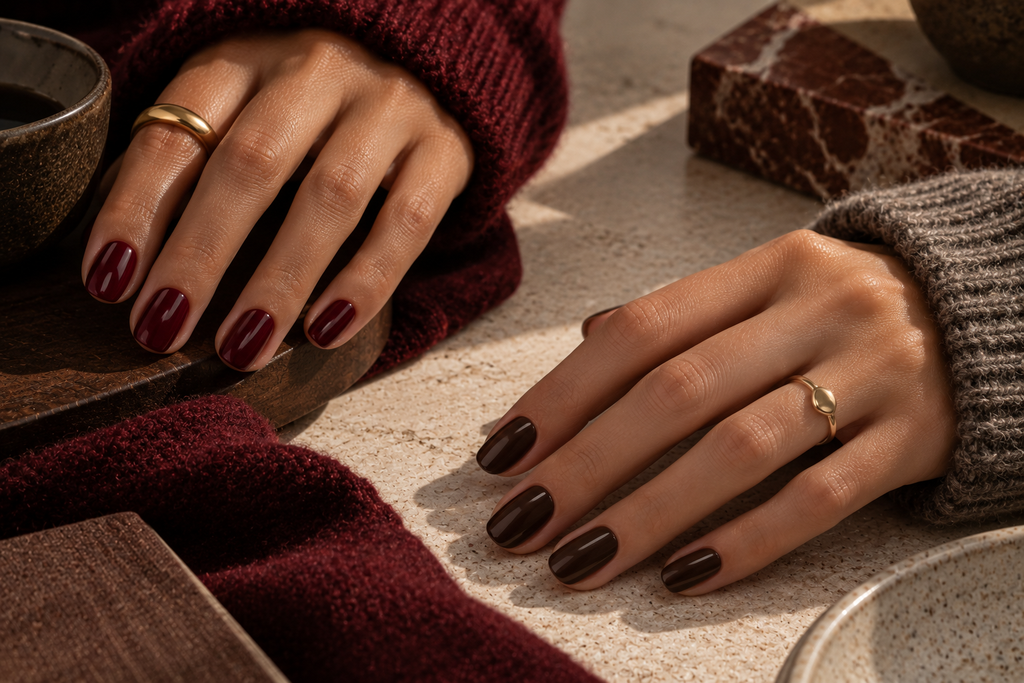 Mushroom taupe and creamy neutral fall manicures in a soft, understated palette.