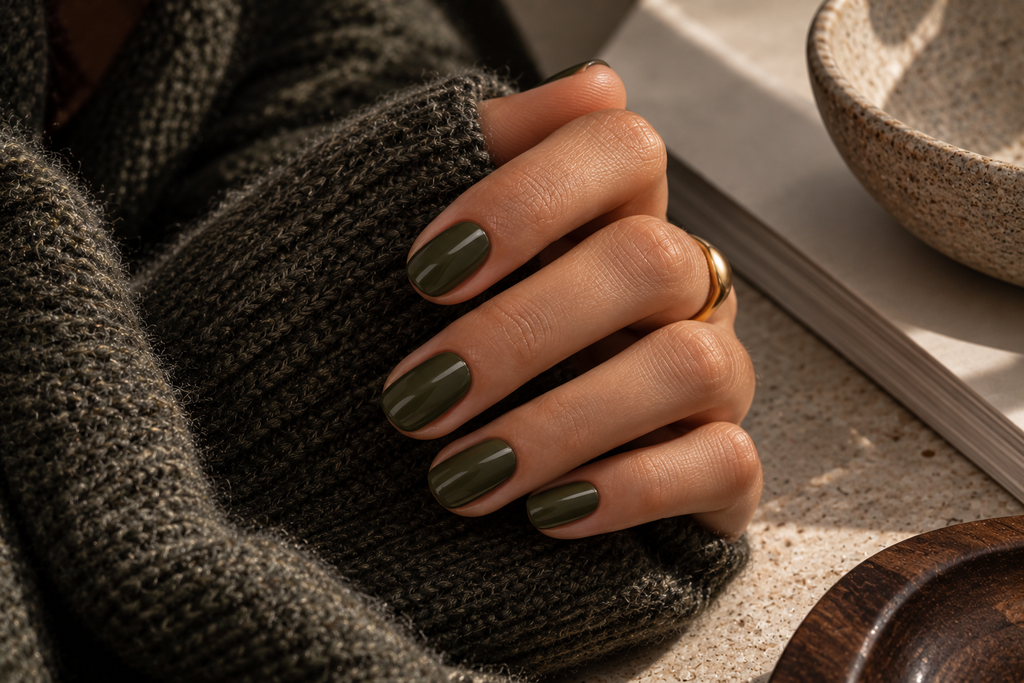Short glossy nails painted in a muted dark olive green for fall.