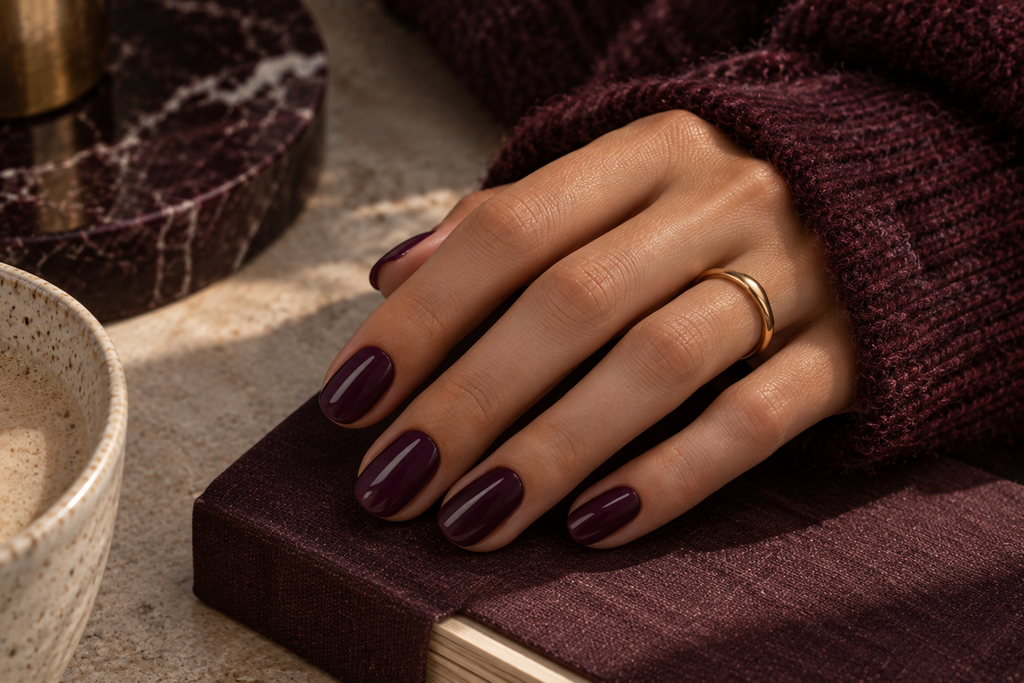 Glossy smoked plum manicure with a muted wine-purple finish.