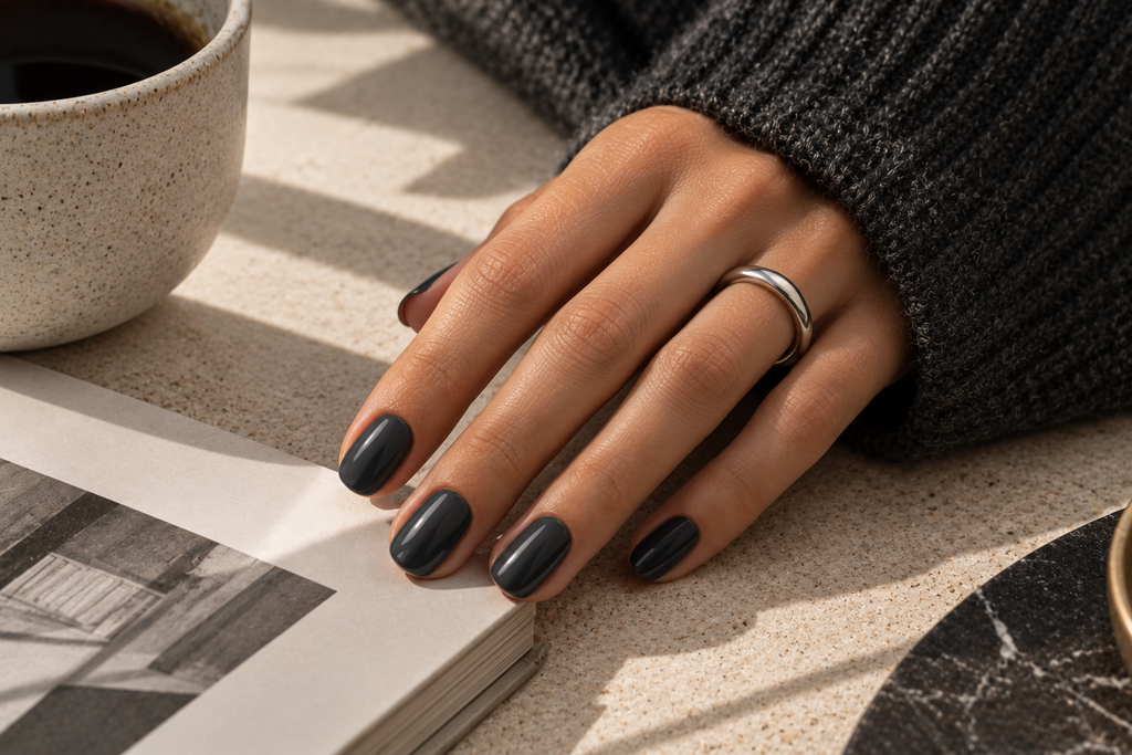 Short glossy graphite charcoal nails in a deep smoky grey shade.