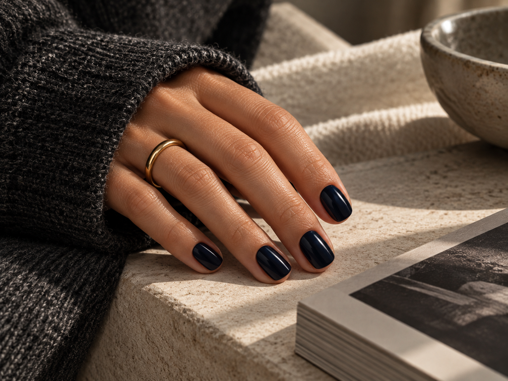 Deep midnight blue manicure that appears almost black in low light.