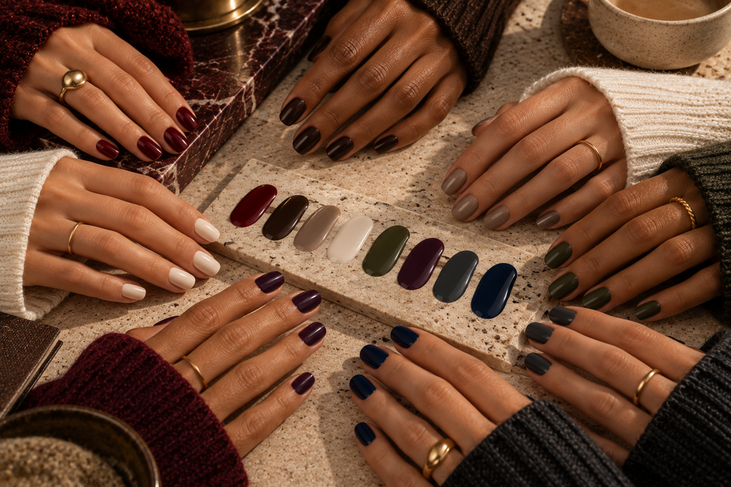 Eight October nail colors arranged in a fall palette from creamy neutral to midnight blue.