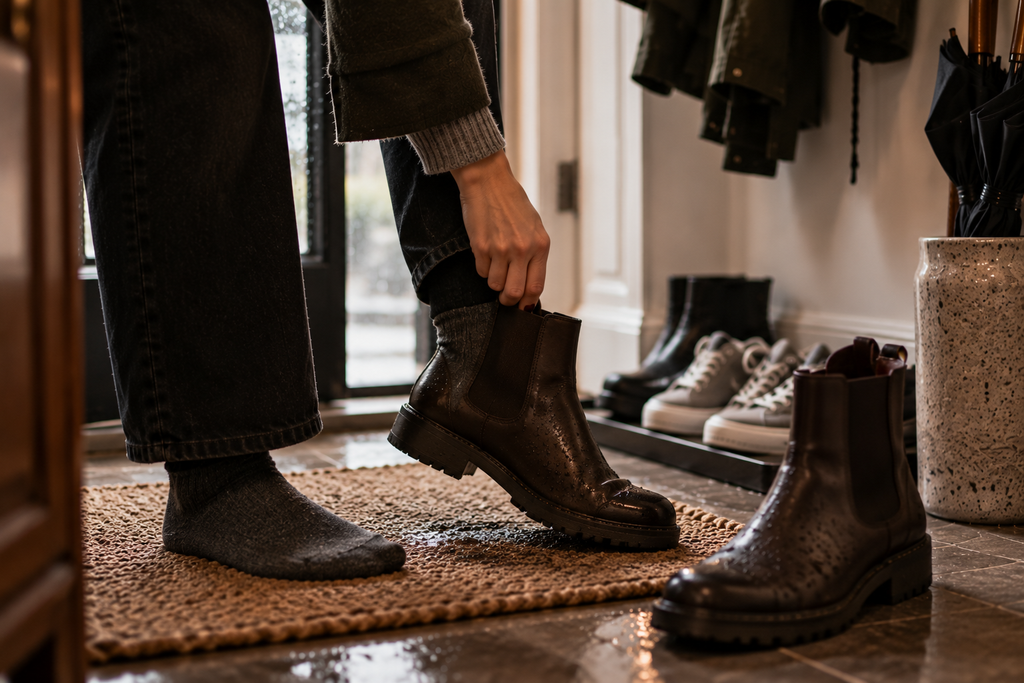 Wet boots landing by the front door in a compact entryway on a rainy day.