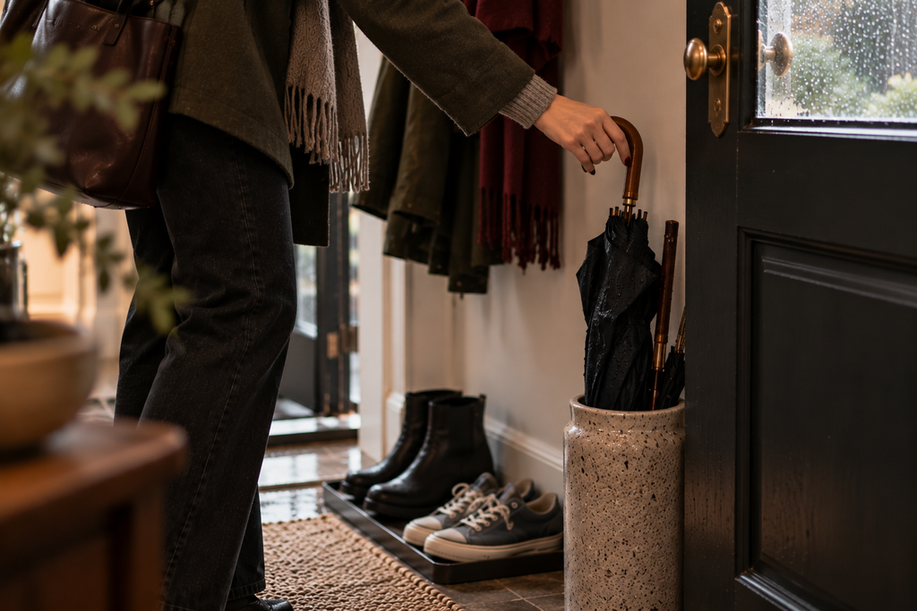 Wet umbrella being placed beside the front door in a small home entryway.