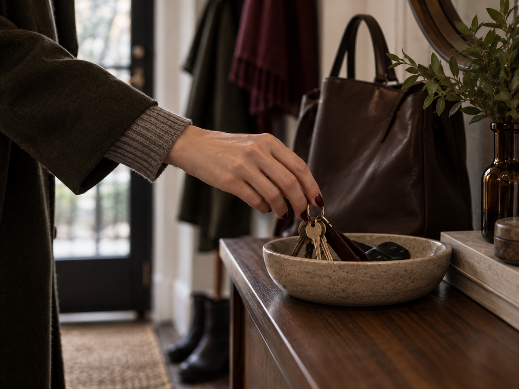 Hand placing keys into a catchall bowl in a compact entryway, with burgundy-painted nails.