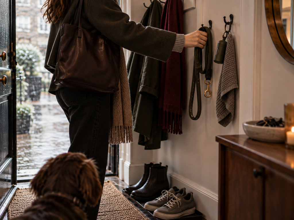 Hand reaching for a dog leash stored near the front door with everyday cold-weather essentials.