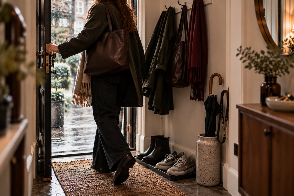 Person grabbing an everyday bag while leaving through a small organized entryway on a cold-weather morning.