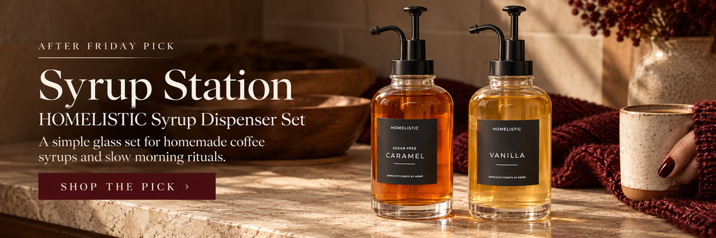 HOMELISTIC glass syrup dispenser set with black pumps for storing homemade maple-vanilla coffee syrup.