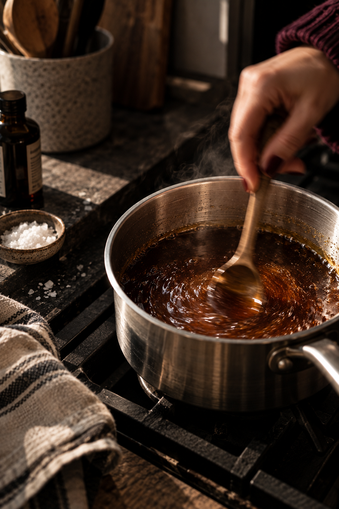 Homemade maple-vanilla coffee syrup being stirred in a saucepan on the stove.