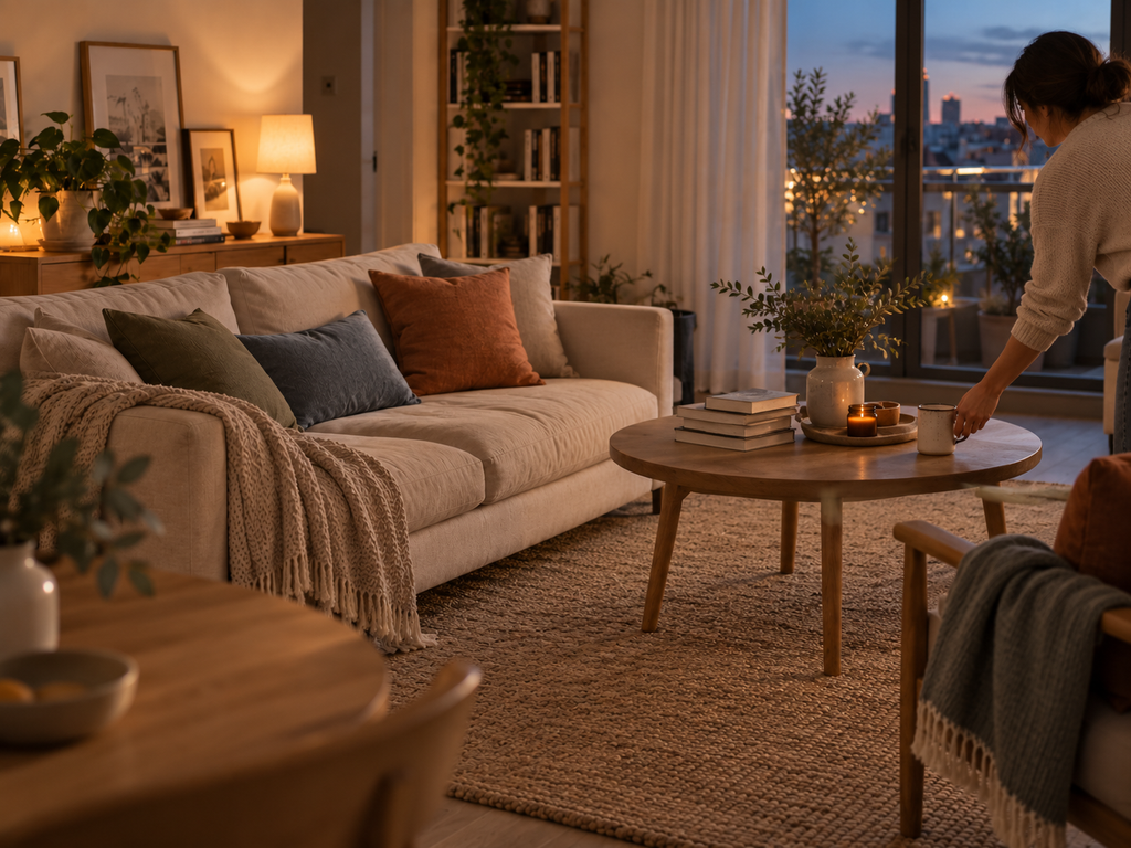 Warm apartment living room at dusk after a simple Sunday evening reset.