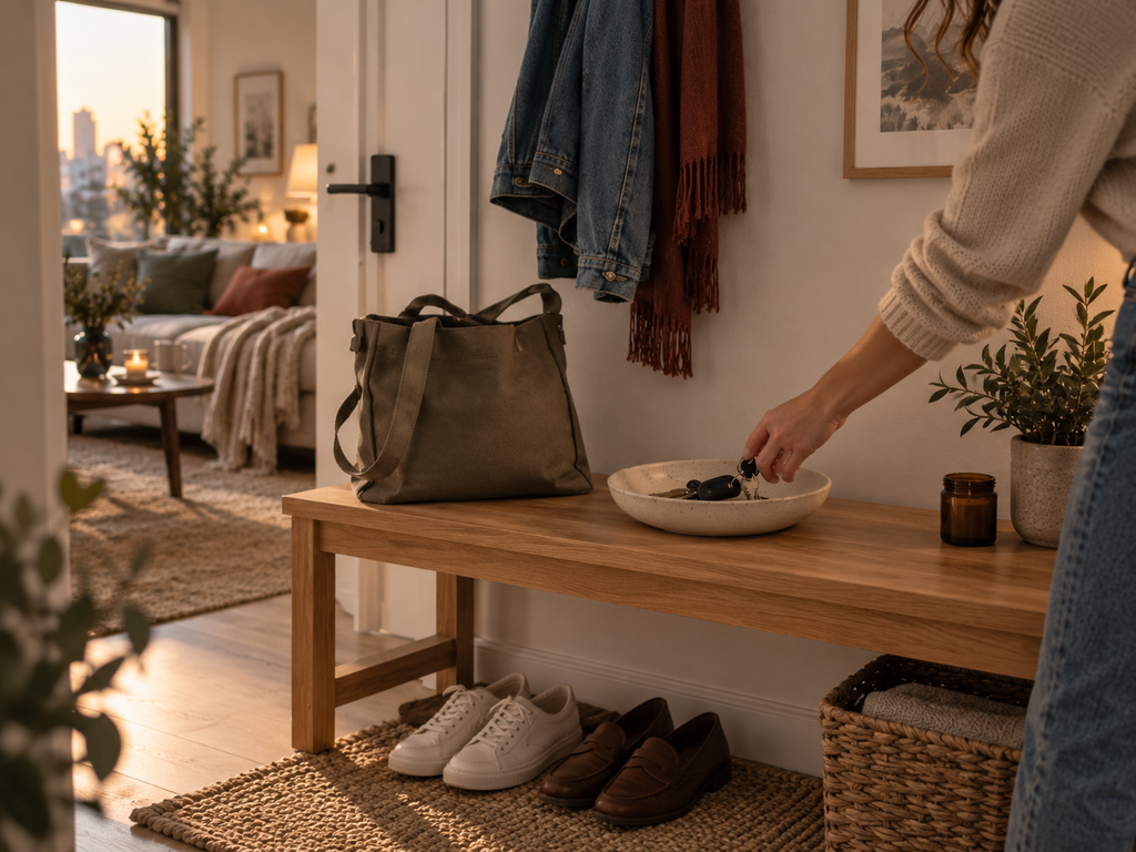 Canvas tote, keys and everyday shoes prepared in a simple apartment entryway for Monday morning.