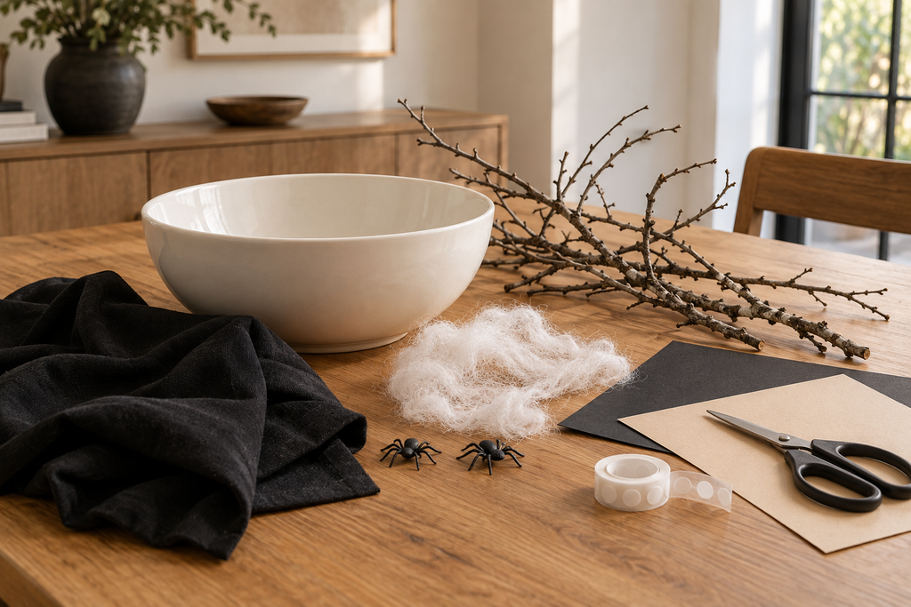 Simple materials for a DIY Halloween candy bowl, including a white bowl, black fabric, branches, paper, cobweb, and spiders.