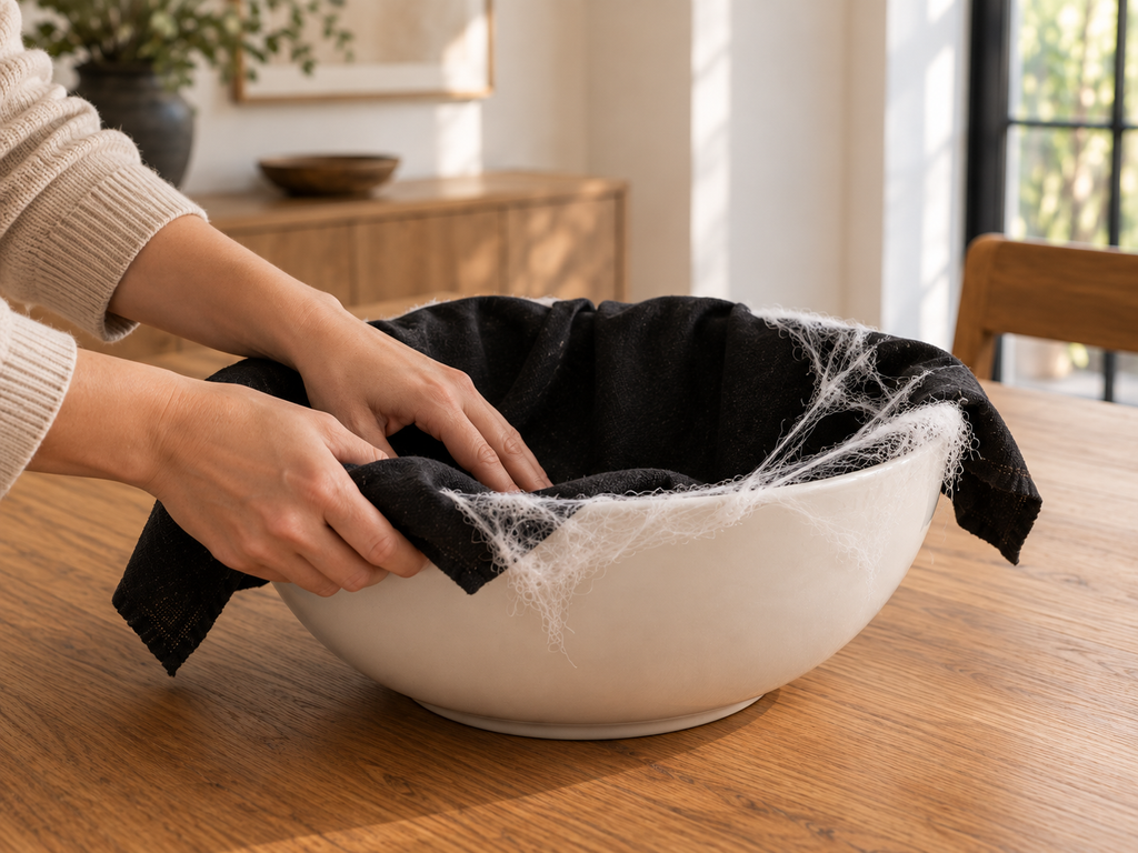 Hands draping black fabric and thin faux cobweb over a white bowl for a Halloween candy bowl.