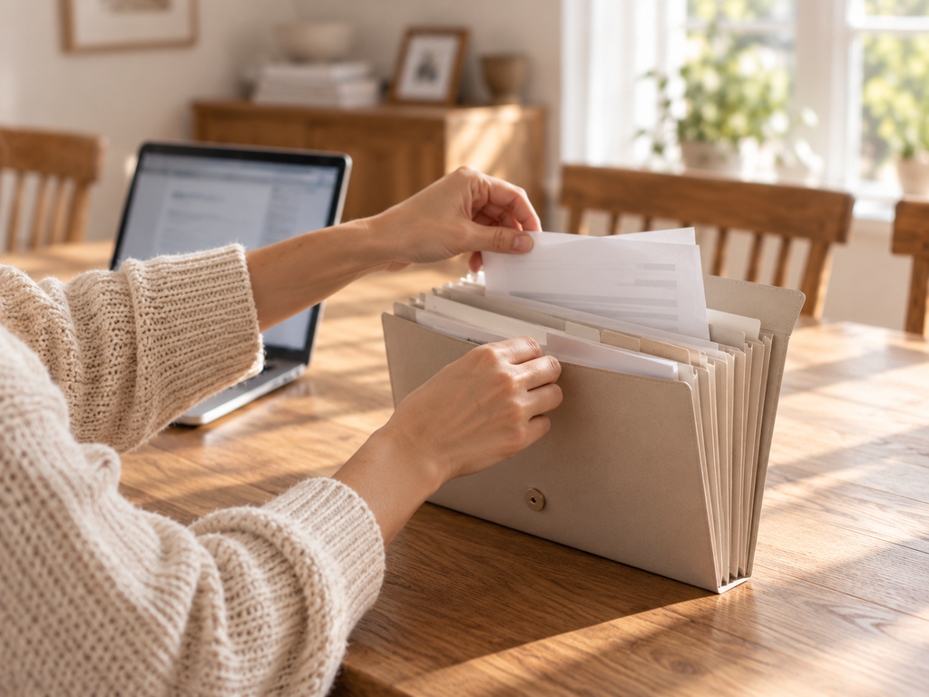 Hands organizing important financial paperwork into a simple document folder at home.