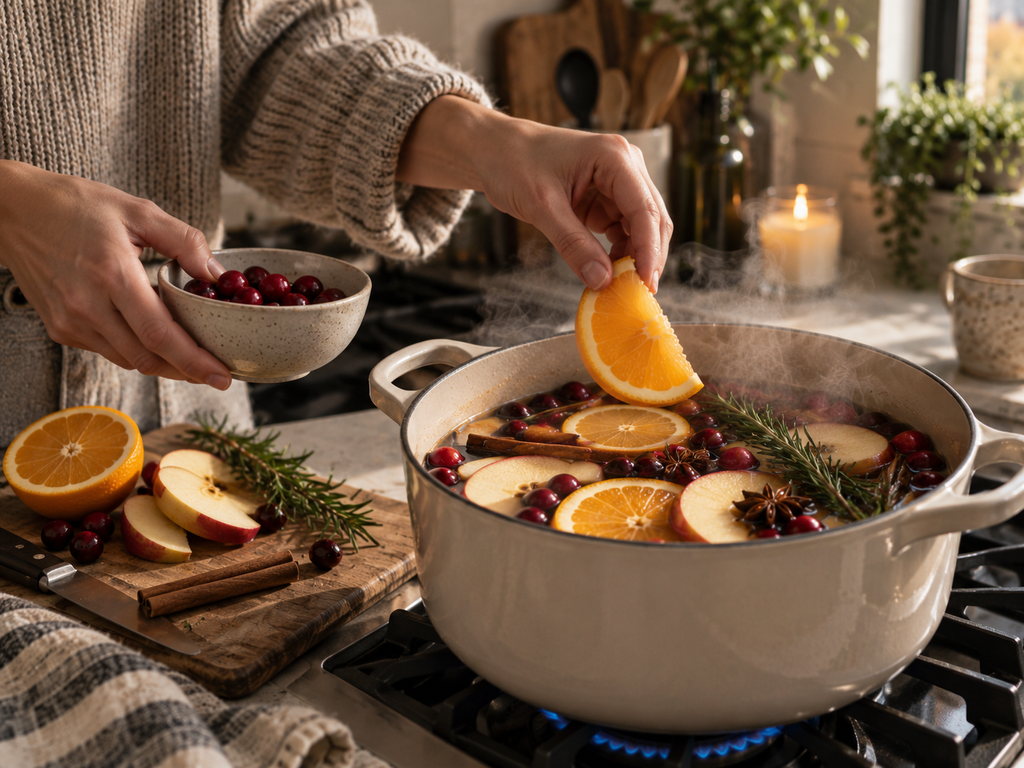 Hand adding a fresh orange slice to a steaming fall simmer pot with cranberries and spices.