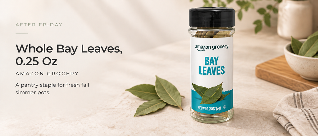 Amazon Grocery whole bay leaves presented as a simple pantry staple for fresh, herb-forward fall simmer pots.