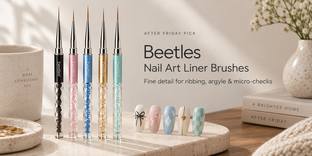 Five fine nail art liner brushes for creating subtle ribbing, micro-checks, argyle details and sweater-inspired nail art.
