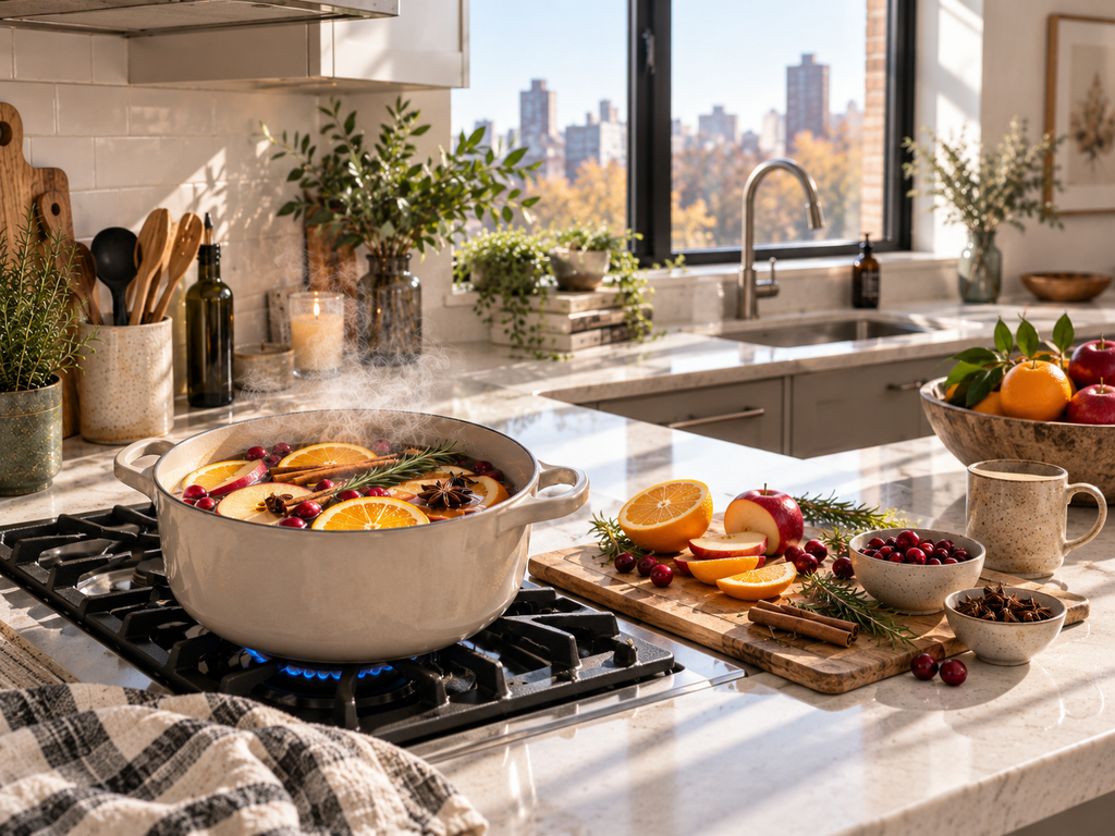 Bright kitchen with a fall simmer pot made with oranges, cranberries, apples, cinnamon, and rosemary.