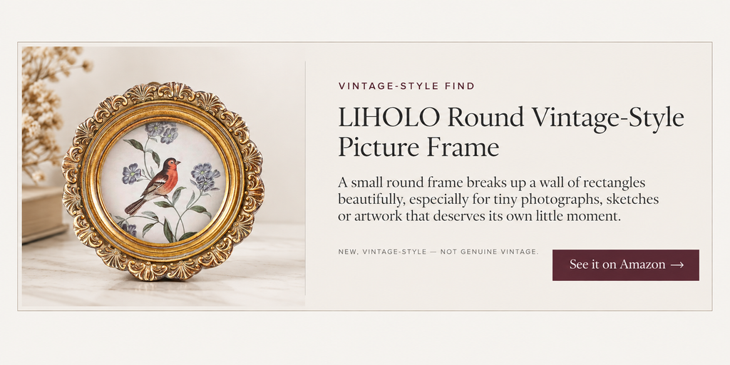 Round bronze vintage-style picture frame with an ornate raised scalloped border.
