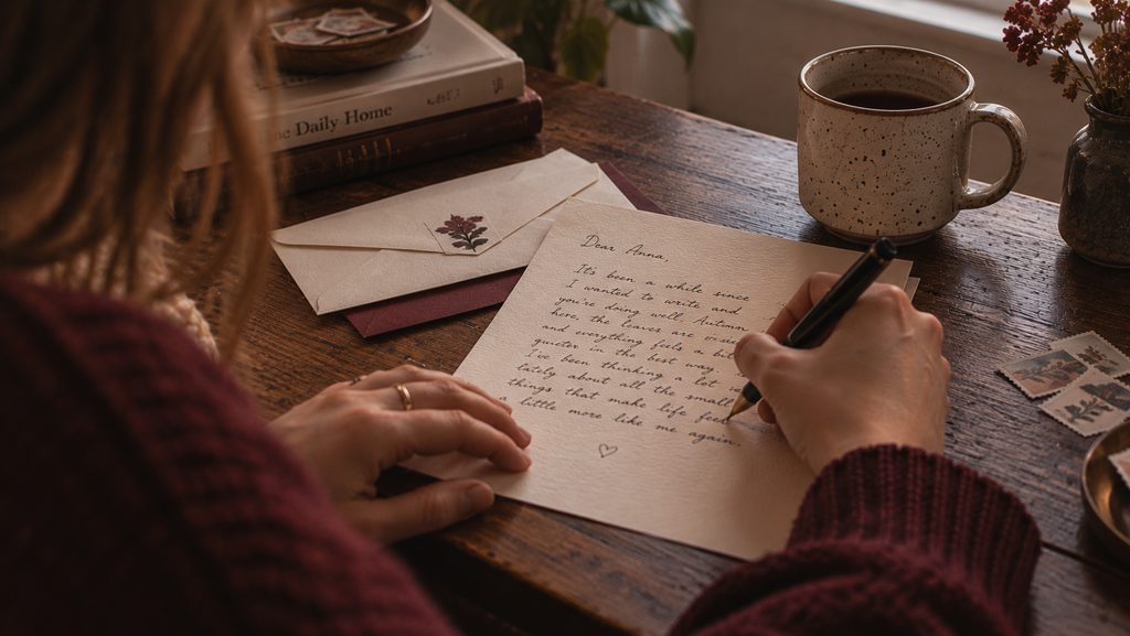 Person writing a handwritten letter at a wooden table.