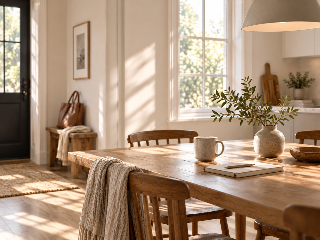 Simple weeknight dinner planning at a wooden dining table in a bright, calm kitchen.