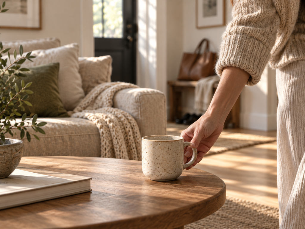A quiet midweek pause with a ceramic mug in a warm, naturally lit living room.