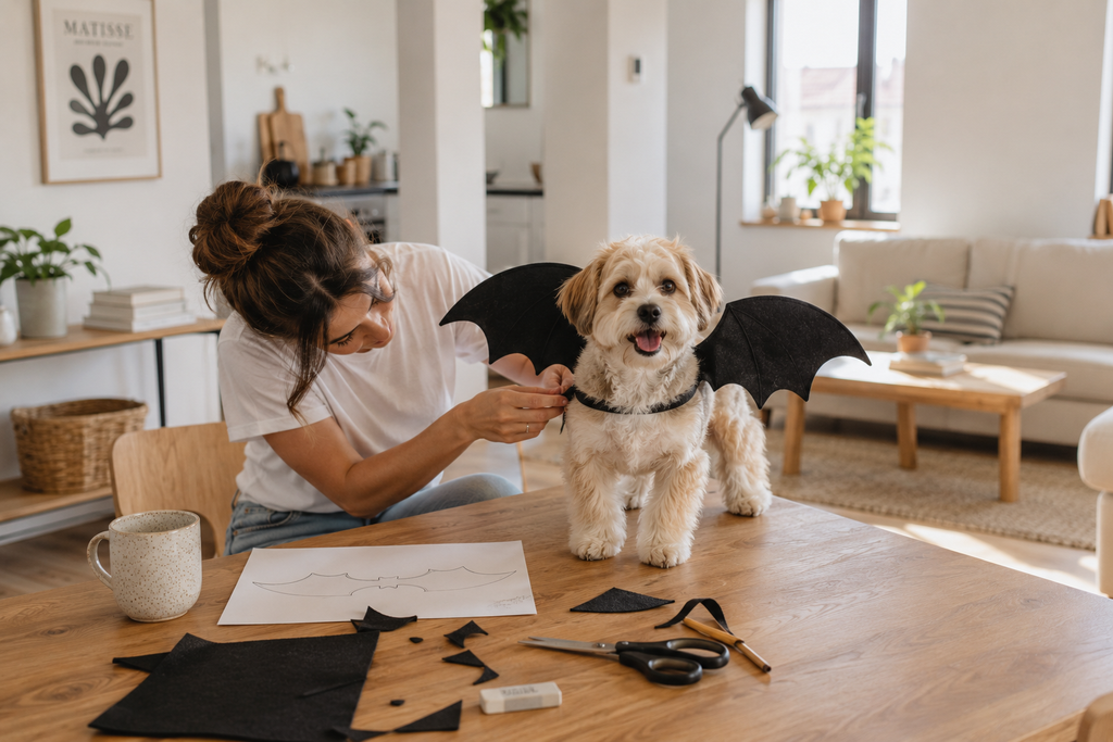 Person fitting handmade black bat wings onto a small dog beside Halloween craft supplies.