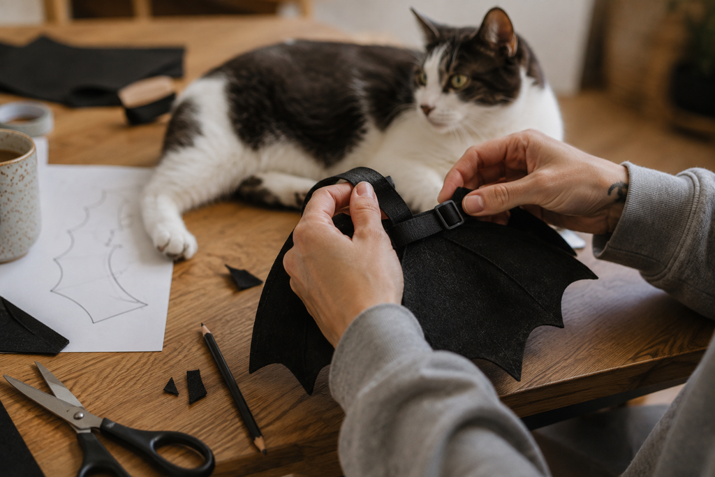Person adjusting homemade bat wings on a dog using a pet harness.
