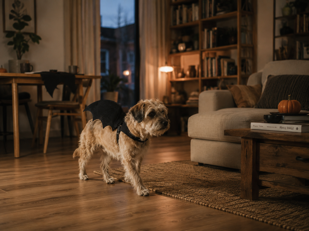 Dog wearing black bat wings in a cozy living room on a Halloween evening.