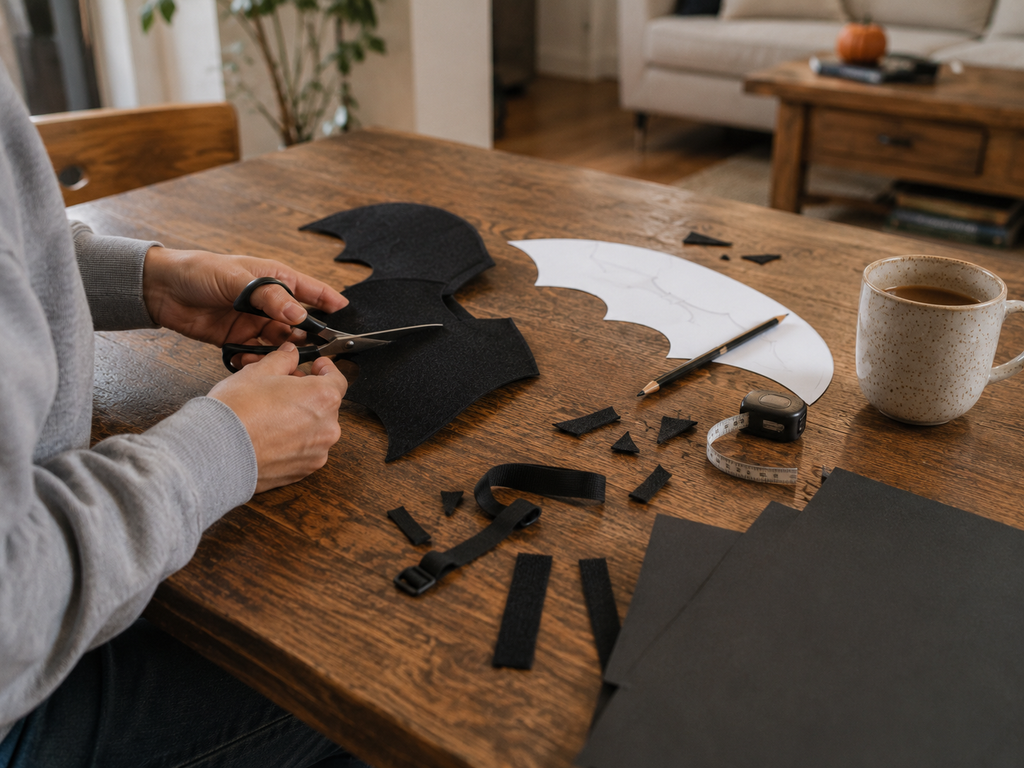 Black felt, craft foam, scissors and a paper bat wing template arranged on a wooden table.