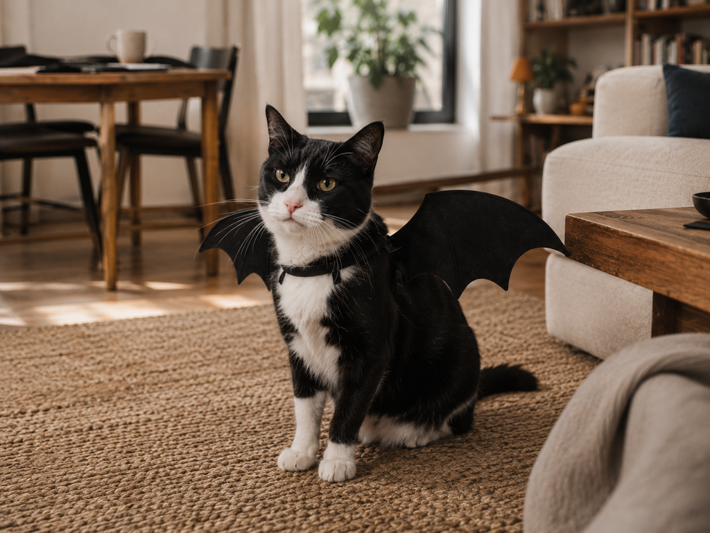 Black and white cat wearing small handmade bat wings at home for Halloween.