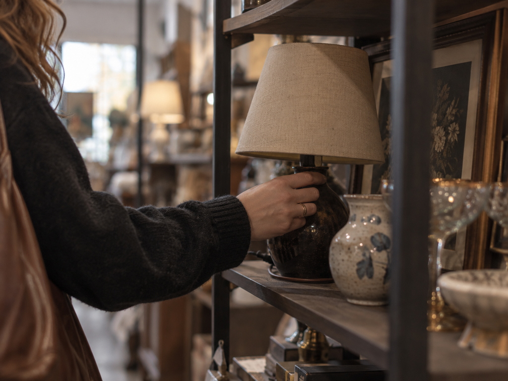 Shopper reaching for a small vintage table lamp on a thrift store shelf.