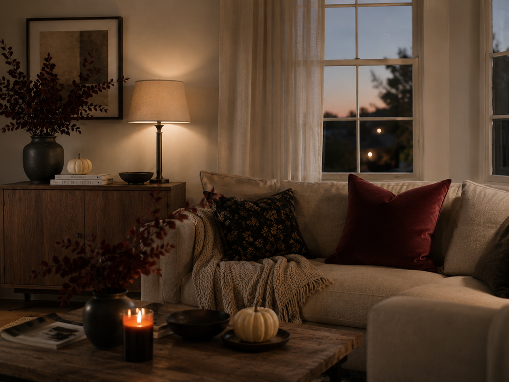Moody Halloween living room with warm lamp light, burgundy accents, dark ceramics, candles, and a small cream pumpkin.
