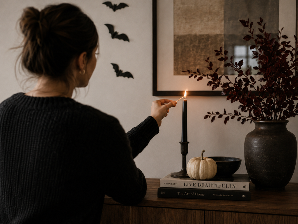Person lighting a black taper candle beside subtle Halloween decor with burgundy branches and a small cream pumpkin.