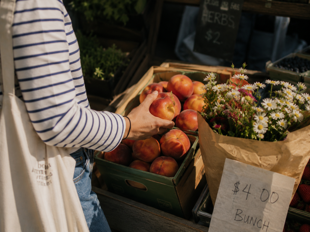 Hand choosing fresh peaches from a neighborhood market stand during a Saturday walk.