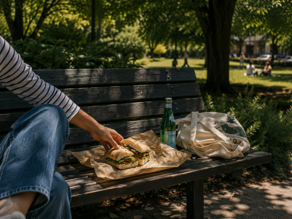 Simple sandwich and sparkling water on a shaded park bench beside a canvas tote bag.