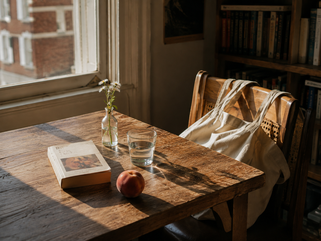 Used paperback, market fruit, and canvas tote on a wooden table in late-afternoon window light.