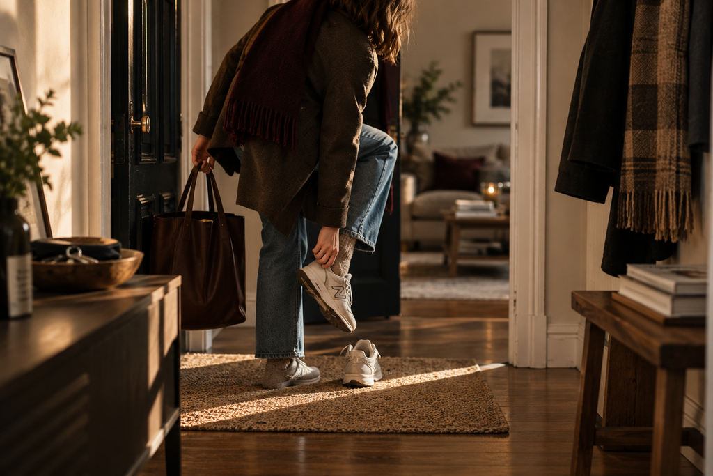 Woman arriving home and taking off a sneaker beside a brown tote in a lived-in entryway.