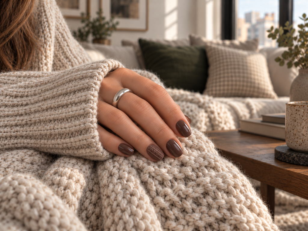 Chocolate-brown sweater-inspired nails with one textured accent nail against a cream knit sleeve.