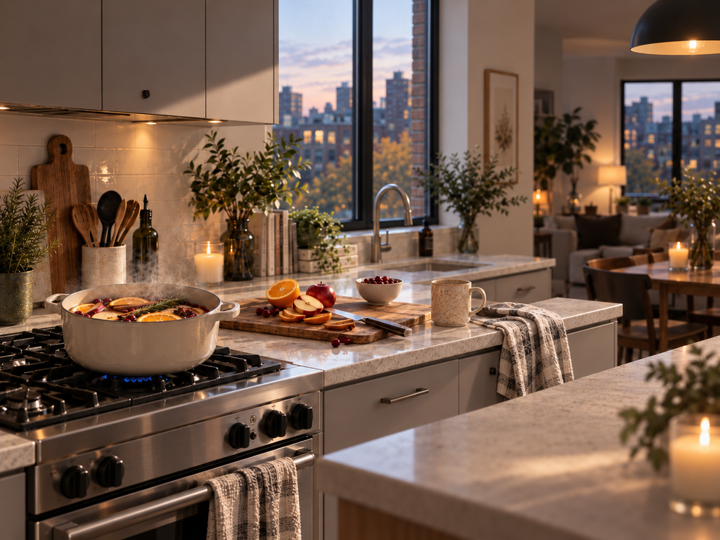 Cozy modern apartment kitchen with a simmer pot gently steaming on the stove during a relaxed fall afternoon